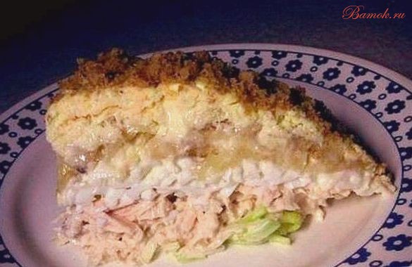 Слоеный салат «Нежность» с курицей и бананом Слоеный салат «Нежность» с курицей и бананом