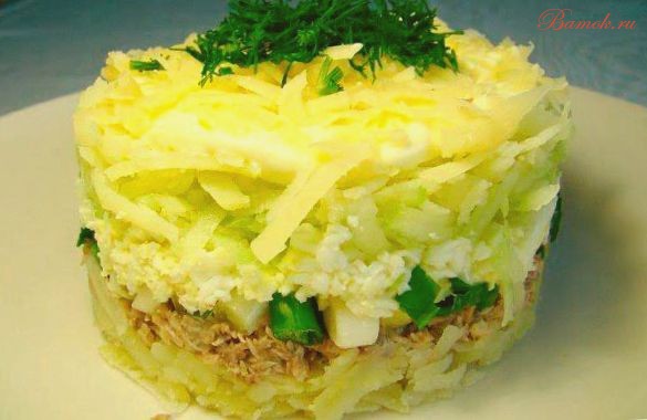 Слоеный салат с картофелем и скумбрией Слоеный салат с картофелем и скумбрией
