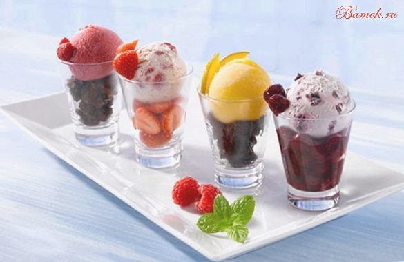 Фруктовый десерт с мороженым и сгущенкой