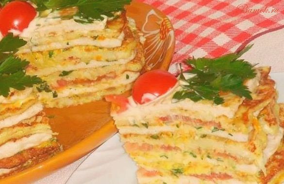 Кабачковый торт с овощами и куриным фаршем