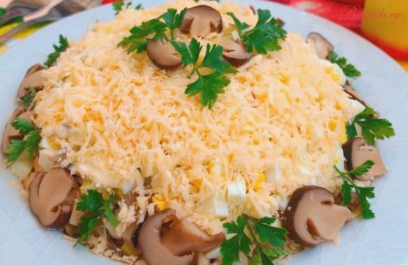 Слоеный салат с курицей, картофелем, сыром и киви