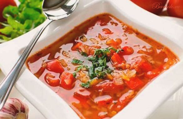 Суп томатный польский с рисом и огурцом Суп томатный польский с рисом и огурцом